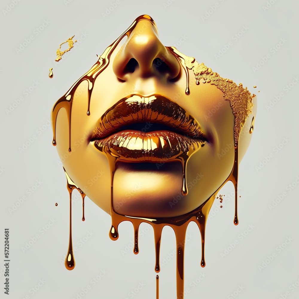 Ilustrace Spots of gold paint dripping from the face, lips and hands ...