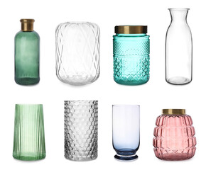 Canvas Print - Set of different stylish glass vases on white background