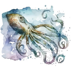 Watercolor hand drawn squid. Hand-drawn illustration isolated on white background in boho style.