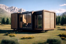 Modular Wooden House On Wheels With Flat Roof And Big Windows All Around. Modern And Elegant Style, With An Outdoor Living Area.