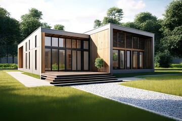 Timber frame modular house with flat roof, panoramic windows and double doors. Generative AI