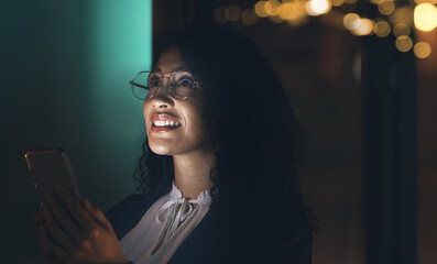 Aufkleber - Email, thinking and woman with a phone at night for communication, chat and app at work. Internet, social media and employee with a mobile for vision, conversation and call in the dark office