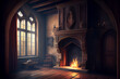 Room with a fireplace in an old castle. AI generated