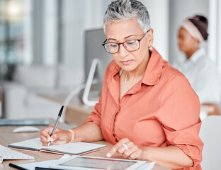 Poster - Tablet, book and business woman writing, research or internet browsing in office workplace. Technology, notebook and senior female employee with touchscreen for taking notes and planning strategy.