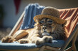 A big lion in sunglasses and sun hat is relaxing in a sun lounger.Photorealistic image created by AI