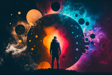 Canvas Print - human chakras of different colours, man in the middle of space and colourful planets.  Generative AI
