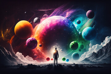 Canvas Print - human chakras of different colours, man in the middle of space and colourful planets.  Generative AI