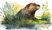 Watercolor Painting Of Beaver On Grassy Field. Generative AI.