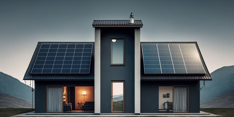 Wall Mural - photovoltaic solar panels in modern house roof. alternative and renewable energy concept. generative