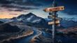 wooden signpost in the mountain with a path. generative ai