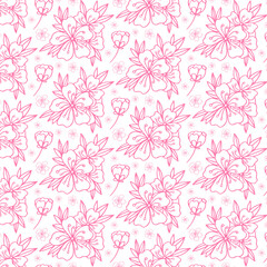  Vector seamless pattern with hand drawn twigs and sakura flowers on a white background. Cherry blossoms. wedding pattern, floral pattern for printing on fabric, clothing, wrapping paper.
