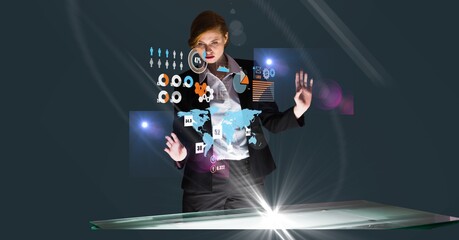 Sticker - Composition of caucasian businesswoman touching screen with data processing