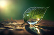 Beauty transparent drop of water on a green leaf macro with sun glare. Beautiful artistic image of environment nature in spring or summer. Generative AI.
