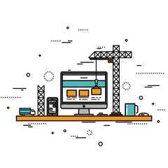 Thin line flat design website under construction, web page building process, website layout and interface button menu are developing. Modern concept vector illustration isolated on white background