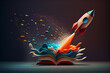 Beautiful abstract illustrations on a bokeh background, a toy rocket launches from the books and begins to spew smoke. Symbol of the thirst for knowledge and education.
