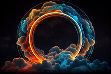 3d Render, Abstract Cloud Illuminated With Neon Light Ring On Dark Night Sky. Glowing Geometric Shape, Round Frame