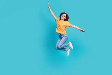 Sticker - Full length photo of glad satisfied girlish pretty lady enjoy weekend holiday trip journey empty space isolated on blue color background