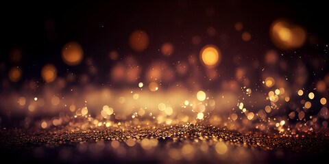 Gold background with bokeh effect luxury sparks. Design element for banner, background, wallpaper, header, poster or cover.