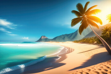 Wall Mural - beautiful seascape tropical beach with yellow sand and palm tree leaning towards turquoise water of 