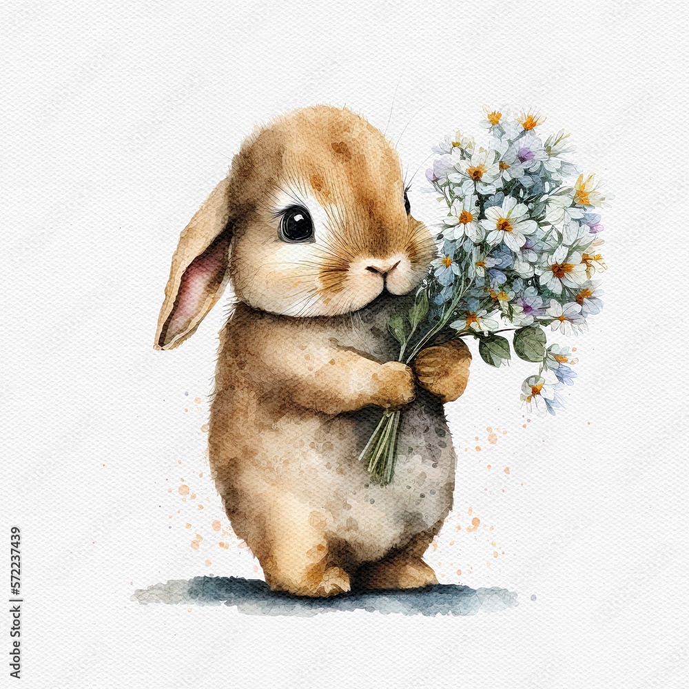 Watercolor cute bunny hold flower. Delicate spring illustration ...
