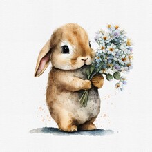 Watercolor Cute Bunny Hold Flower. Delicate Spring Illustration - Rabbit With Bouqet. AI Generated Image, Digital Art. Nursery Decor, Wall Art, Printable Illustration. AI Generated Image, Digital Art.