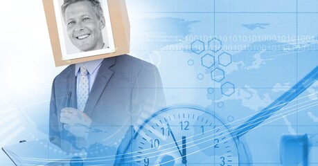 Poster - Composition of financial statistics processing, clock and businessman in background