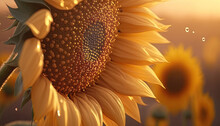 Beautiful Sunflower Close-up In A Field In The Rays Of Light, Generative Ai