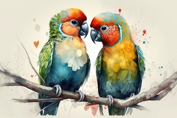 Naklejka na meble Pair lovebirds. Couple of parrots on a branch of a tropical tree. Generative AI illustration