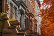 Autumn view of Row of beautiful upscale New York City apartment building homes with colorful trees