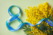 Yellow-green background with a bouquet of mimosa flowers and the number eight from blue ribbons. Greeting card for International Women's Day March 8.