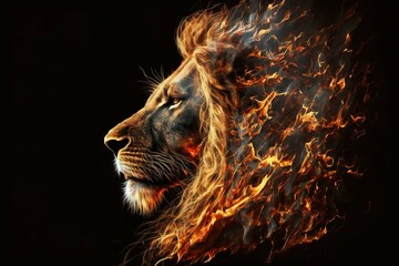 Canvas Print - King Lion fire portrait. Generative AI