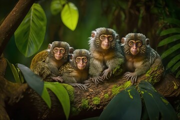 Family of Common marmosets with cubs sitting in a green leaved tree, Paraty, Brazil