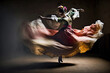 © Supermelon - Generative AI Illustration of a flamenco dancer in the dress moving through the dance in a dark room