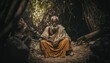 Old sadhu yogi sitting in a jungle forest.Guru of yoga illustration generative ai	