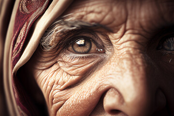 Photo of a an old arab woman with wrinkles and intens brown eyes wearing a hijab, illustration Generative Ai