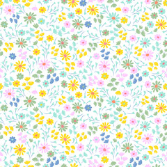 Wall Mural - Floral pattern with small colorful cute flowers on a white background. Vintage pastel color pretty yellow, pink, blue tiny flowers. Ditsy print design