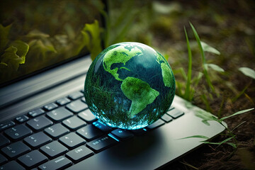 Wall Mural - Green Globe and laptop, green bussines concept, generative ai 