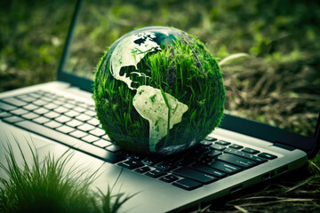 Wall Mural - Green Globe and laptop, green bussines concept, generative ai 