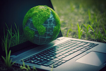 Wall Mural - Green Globe and laptop, green bussines concept, generative ai 