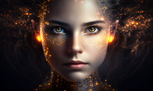 A Close Up Of Humanoid Cyber Girl With A Neural Network Thinks. Gold Robot Woman Or Humanoid Cyber Girl. Artificial Intelligence With A Digital Brain Is Learning To Process Big Data. Generative Ai