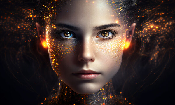 a close up of humanoid cyber girl with a neural network thinks. gold robot woman or humanoid cyber g