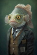 studio portrait of fish person dressed in vintage human clothes created with generative ai