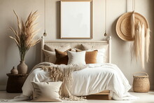 Blank Wooden Frame In A Boho Bedroom. Mock Up Template For Design Or Product Placement Created Using Generative AI Tools