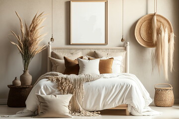 blank wooden frame in a boho bedroom. mock up template for design or product placement created using