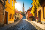 Fototapeta Uliczki - A charming European village with colorful buildings, cobblestone streets, and a tall church spire in the distance. Tourists explore the area, capturing memories of their travels. Generative AI