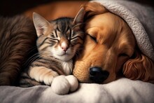 Dog And Cat Sleeping Together Kitten And Puppy Illustration Generative Ai