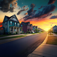Modern Upper Middle Class Single Family Houses American Real Estate In A New Construction In Maryland USA Colorful Dramatic Sky Neighborhood Street Sunset Panorama