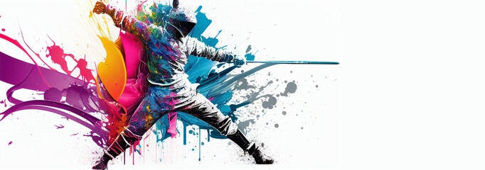 Wall Mural - Fencing sport macth attack colorful splash horizontal banner on white background copy space. Generative AI illustration
