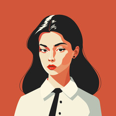 A business woman in a white shirt and tie on a contrasting orange background. Avatar of a brunette girl. Red lipstick on the lips, lush hair. A beautiful lady. Vector illustration, poster