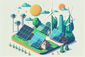 Wall Mural - solar panels and wind turbines that use green energy. artwork in a flat design. Generative AI